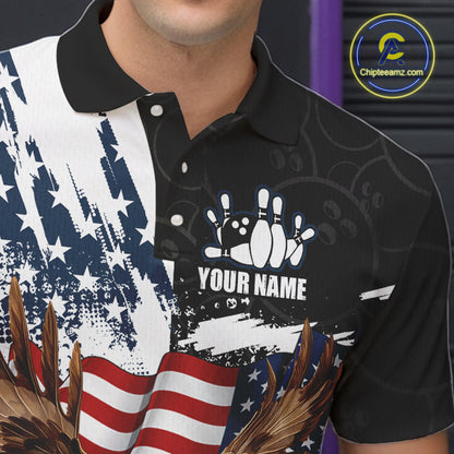 Red, White, Blue American Flag Eagle Men Bowling Shirt Custom Patriotic Black Camo Bowling Team Jersey NQS9863