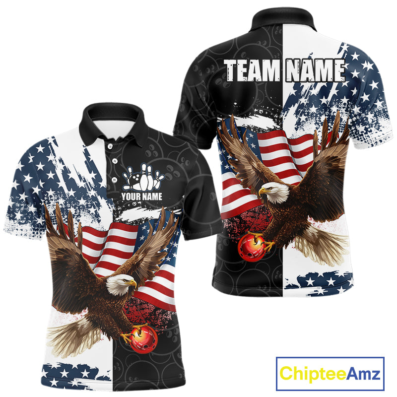 Red, White, Blue American Flag Eagle Men Bowling Shirt Custom Patriotic Black Camo Bowling Team Jersey NQS9863