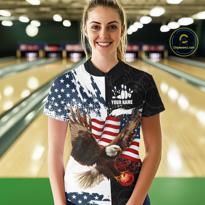 American Flag Eagle Bowling Shirts For Women Custom Patriotic Black Camo Bowling Team Jerseys NQS9863