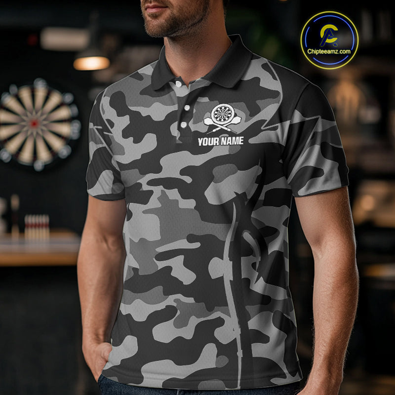 Deer Skull Darts Board Gray Camo Darts Polo, Quarter zip Shirts For Men Custom Team Darts Jersey NQS9934