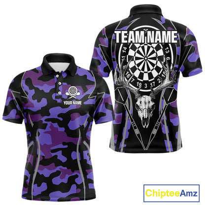 Deer Skull Darts Board Purple Camo Darts Polo, Quarter zip Shirts For Men Custom Team Darts Jersey NQS9935
