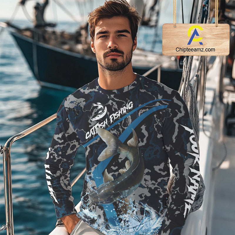 Custom Catfish Fishing Camo Long Sleeve Fishing Shirts, Personalized Catfish Fishing Team Jersey NQS9940