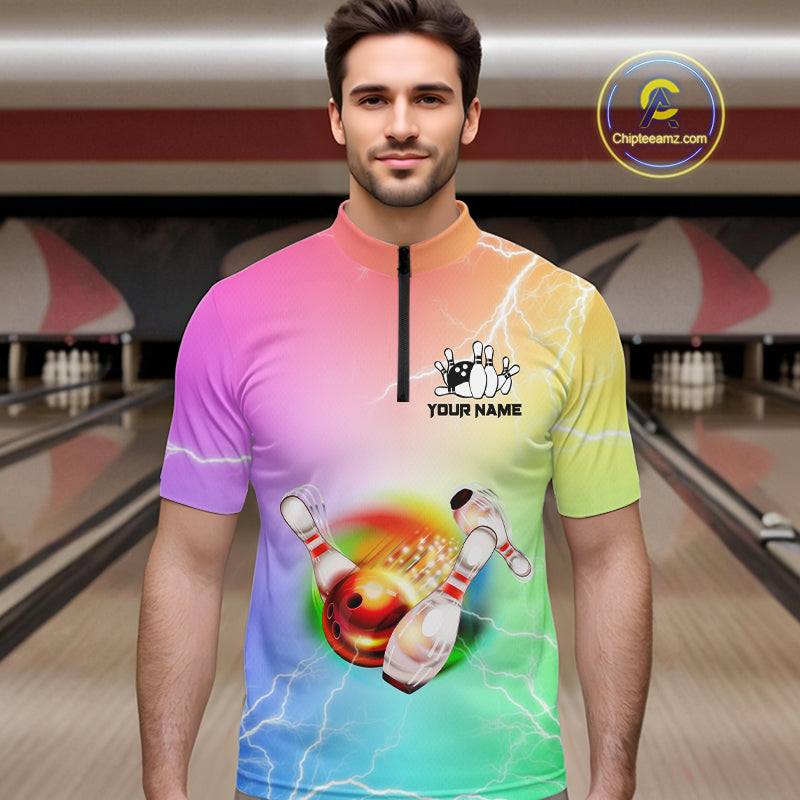 Gradient colorful rainbow lightning thunder storm Bowling Shirts for Men Custom Team Bowling jerseys NQS9941