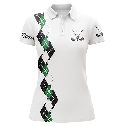 White Womens golf polo shirts custom name green and black plaid, best golf gifts for ladies NQS5686