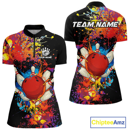 Colorful bowling jerseys Bowling Polo, 1/4 Zip Shirt for Women Custom Bowling Team shirts for bowlers NQS10416