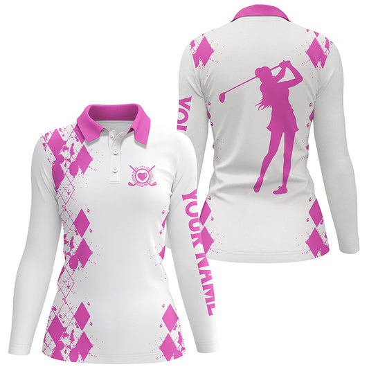 Womens golf polos shirts custom name white golf shirt, golfing gifts | Pink NQS4509