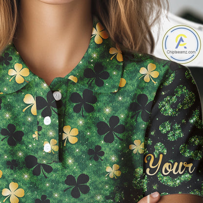 Green and Gold Clover glitter leopard St Patrick's day pattern custom shamrock Women golf polo shirts NQS11423