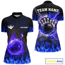 Load image into Gallery viewer, Black and Blue Flame Lightning Thunder Bowling Jersey for Women custom Bowling Team League Shirts NQS11425