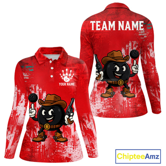 Custom Funny Cowboy Gunster Bowling Polo, 1/4 zip Shirts For Women, Bowling Team League Jerseys | Red NQS11625