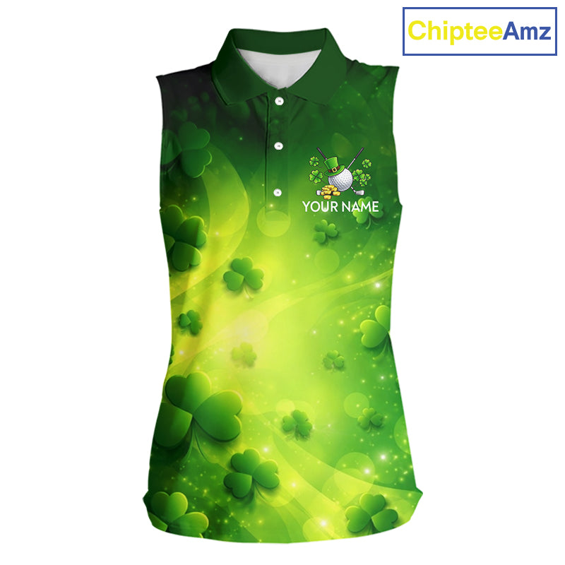 Green clover pattern St Patrick's Day Ladies Sleeveless Golf Polo Shirts Custom Shamrock Golf outfit NQS11628