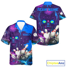 Load image into Gallery viewer, Purple and Blue Lightning Thunder Storm Skull Bowling Button-up Shirt Custom Bowling Team Jerseys NQS11729