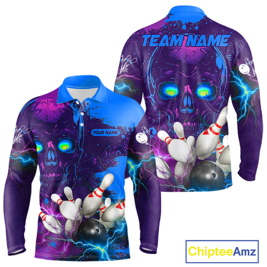 Purple and Blue Lightning Thunder Storm Skull Bowling Shirts For Men Custom Bowling Team Jerseys NQS11729
