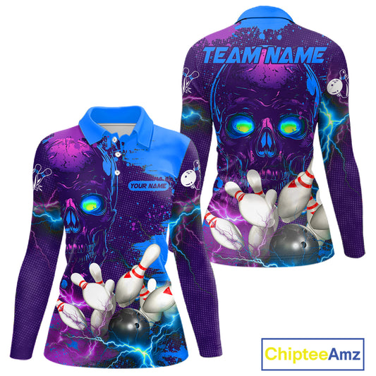 Purple and Blue Lightning Thunder Storm Skull Bowling Shirts For Women Custom Bowling Team Jerseys NQS11729