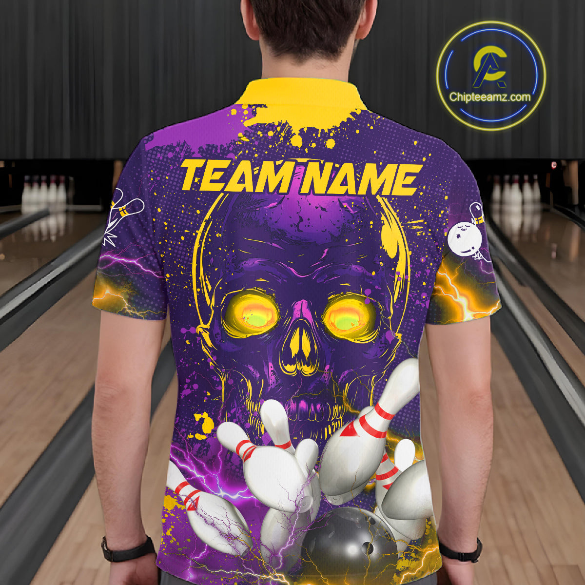 Purple and Yellow Lightning Thunder Storm Skull Bowling Shirts For Men Custom Bowling Team Jerseys NQS11730