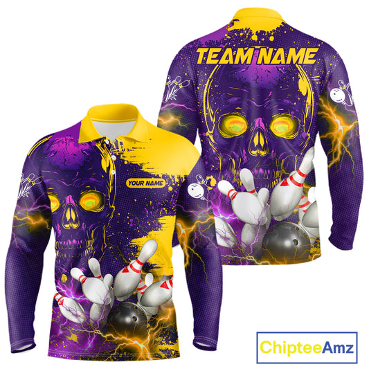 Purple and Yellow Lightning Thunder Storm Skull Bowling Shirts For Men Custom Bowling Team Jerseys NQS11730