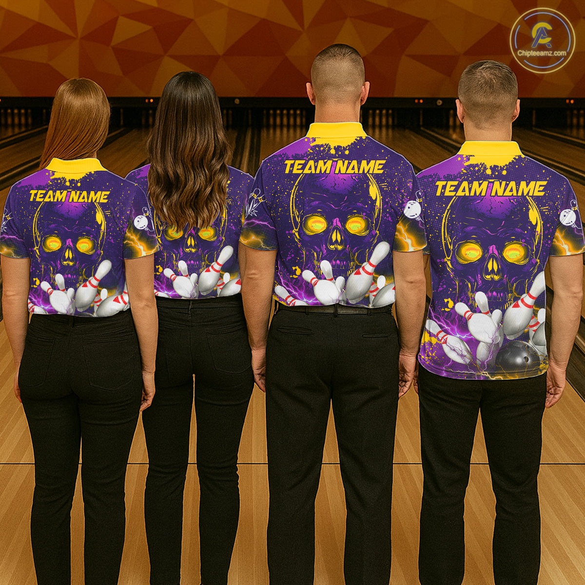 Purple and Yellow Lightning Thunder Storm Skull Bowling Shirts For Men Custom Bowling Team Jerseys NQS11730