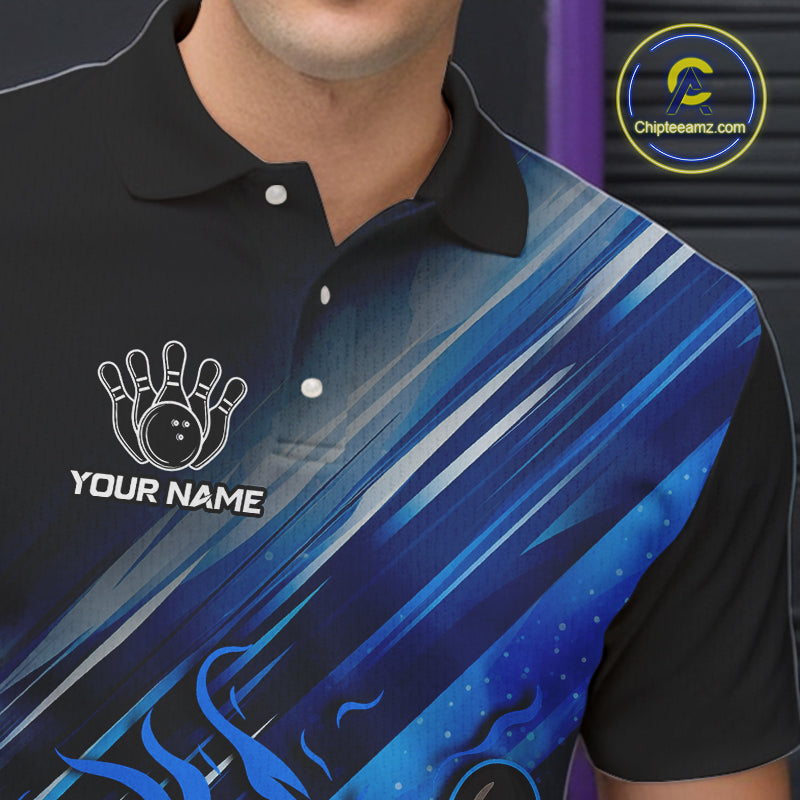 Black and Blue Flame Bowling Polo, Quarter Zip Shirt For Men Custom Team Mens Bowling Jerseys NQS10099