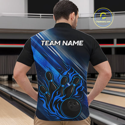 Black and Blue Flame Bowling Polo, Quarter Zip Shirt For Men Custom Team Mens Bowling Jerseys NQS10099