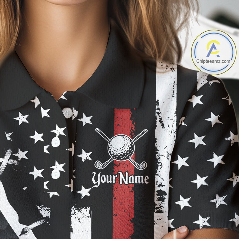 Red, White and Black American Flag Women Golf polo shirt Custom Patriotic Team Golf attire for ladies NQS10430