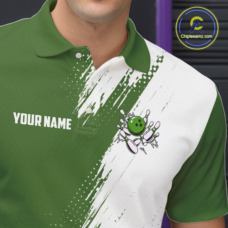 Custom Green and White Strike Bowling Shirts Men Polo, Quarter Zip Bowling Team Jersey Bowling League NQS11037