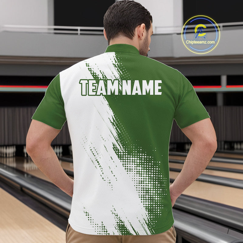 Custom Green and White Strike Bowling Shirts Men Polo, Quarter Zip Bowling Team Jersey Bowling League NQS11037
