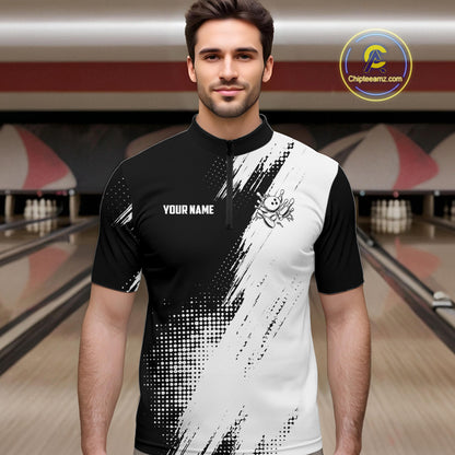 Custom Black and White Strike Bowling Shirts Men Polo, Quarter Zip Bowling Team Jersey Bowling League NQS11038
