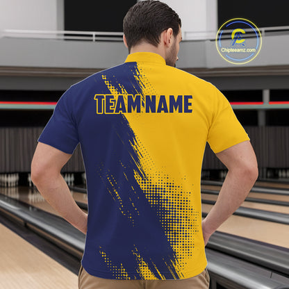 Custom Blue and Yellow Strike Bowling Shirts Men Polo, Quarter Zip Bowling Team Jersey Bowling League NQS11039