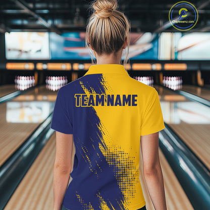 Custom Blue and Yellow Strike Bowling Shirts Women Polo, 1/4 Zip Bowling Team Jerseys Bowling League NQS11039