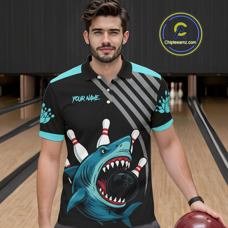 Funny Cyan Blue Shark Men Bowling Polo, Quarter Zip Shirts Custom Team Shark Bowling Outfit Jersey NQS11042