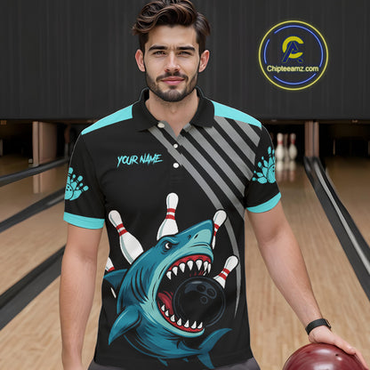 Funny Cyan Blue Shark Men Bowling Polo, Quarter Zip Shirts Custom Team Shark Bowling Outfit Jersey NQS11042
