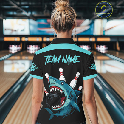 Funny Cyan Blue Shark Women Bowling Polo, Quarter Zip Shirts Custom Team Shark Bowling Outfit Jersey NQS11042