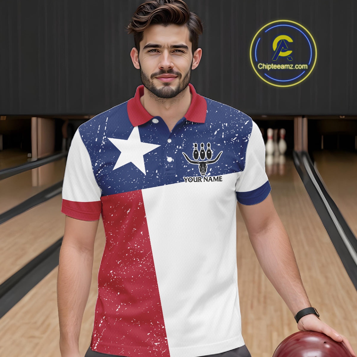 Grunge Texas Flag Bowling Polo, 1/4 Zip Shirts For Men Custom patriotic Texas Team Bowling Jerseys NQS11239