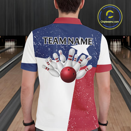 Grunge Texas Flag Bowling Polo, 1/4 Zip Shirts For Men Custom patriotic Texas Team Bowling Jerseys NQS11239