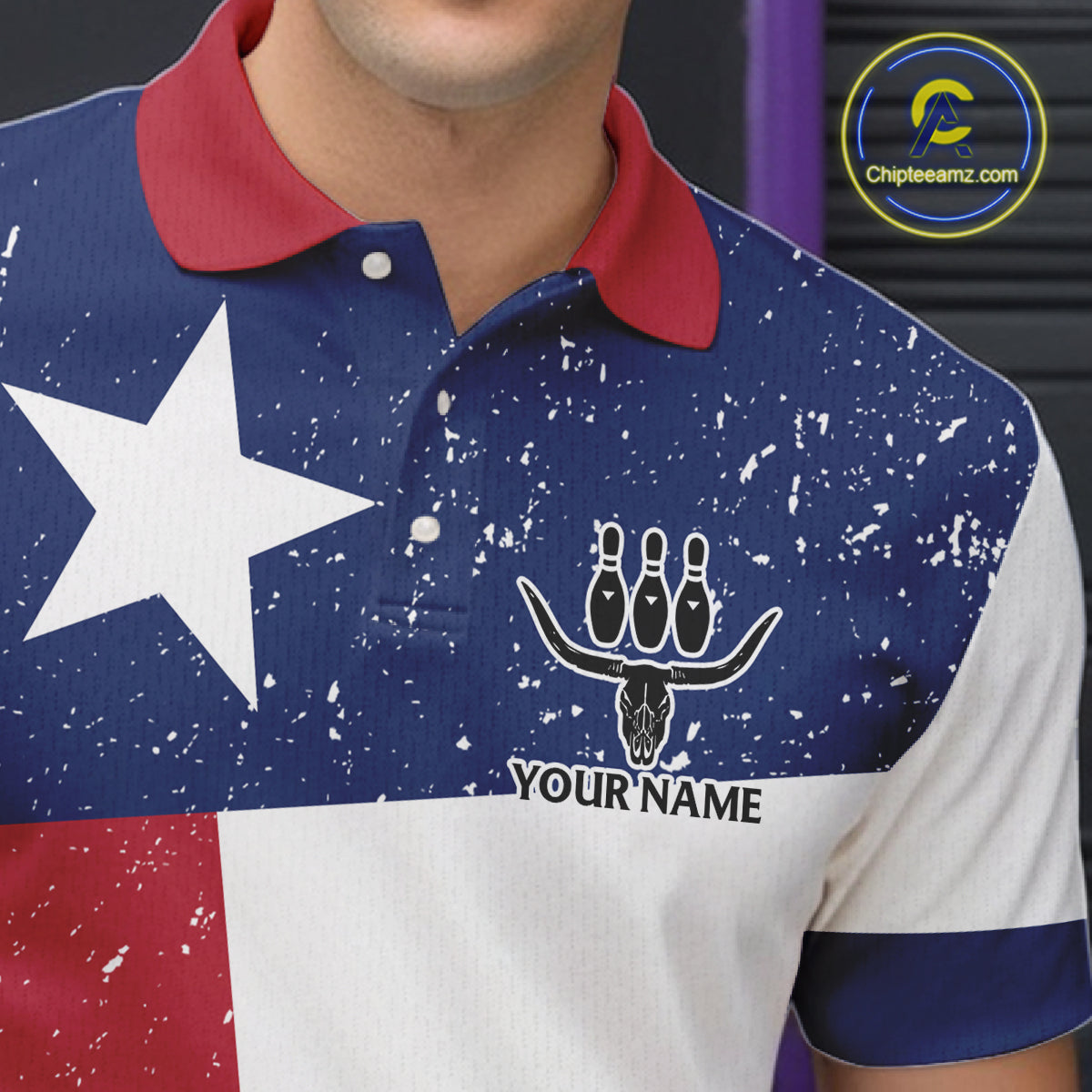 Grunge Texas Flag Bowling Polo, 1/4 Zip Shirts For Men Custom patriotic Texas Team Bowling Jerseys NQS11239