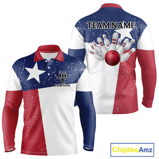 Grunge Texas Flag Bowling Polo, 1/4 Zip Shirts For Men Custom patriotic Texas Team Bowling Jerseys NQS11239