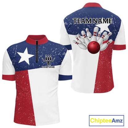 Grunge Texas Flag Bowling Polo, 1/4 Zip Shirts For Men Custom patriotic Texas Team Bowling Jerseys NQS11239