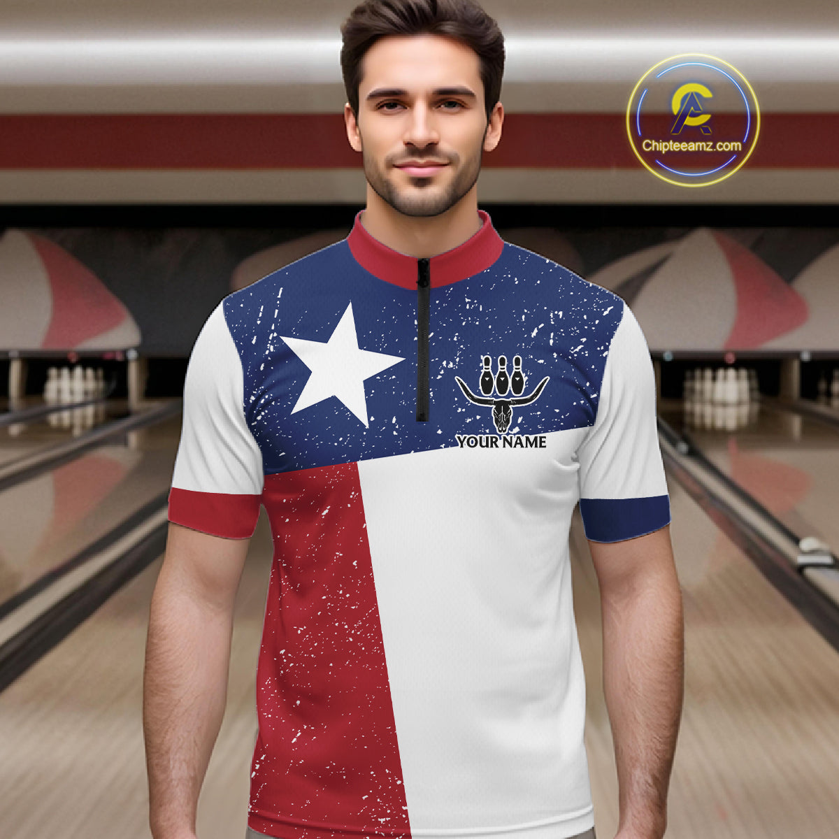 Grunge Texas Flag Bowling Polo, 1/4 Zip Shirts For Men Custom patriotic Texas Team Bowling Jerseys NQS11239