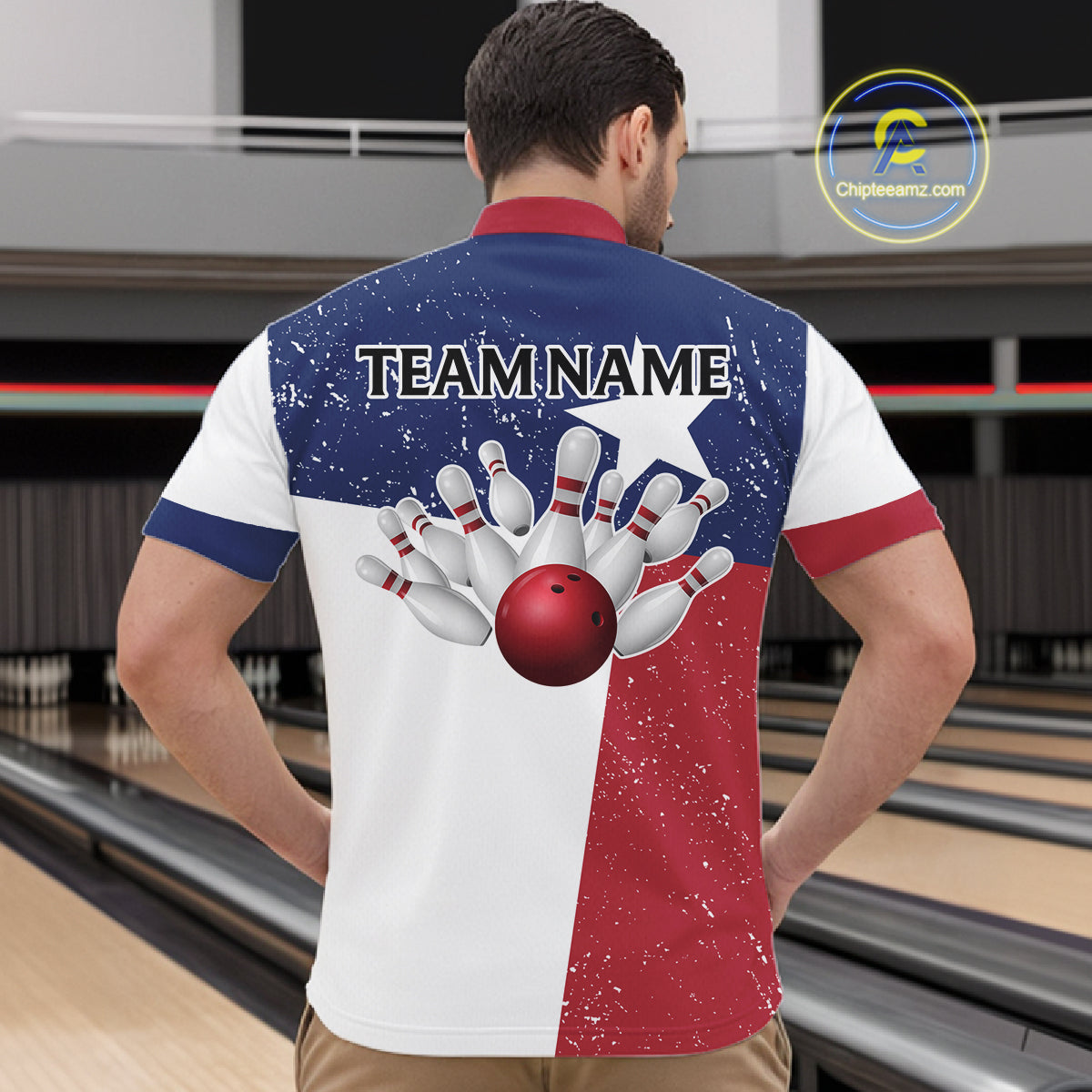 Grunge Texas Flag Bowling Polo, 1/4 Zip Shirts For Men Custom patriotic Texas Team Bowling Jerseys NQS11239