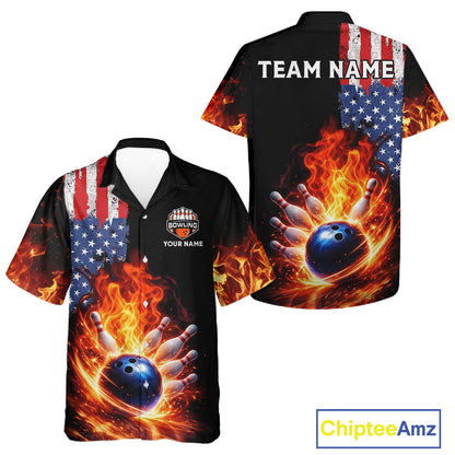 American Flag Flame bowling Hawaiian shirts Custom patriotic team bowling button-up shirts NQS11432