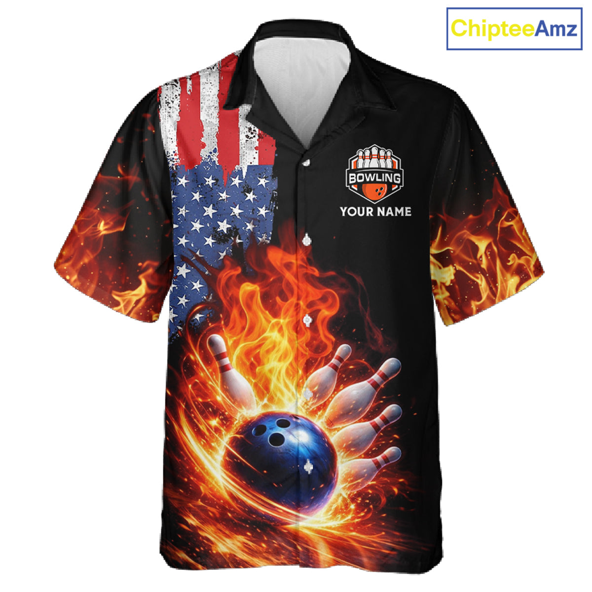 American Flag Flame bowling Hawaiian shirts Custom patriotic team bowling button-up shirts NQS11432