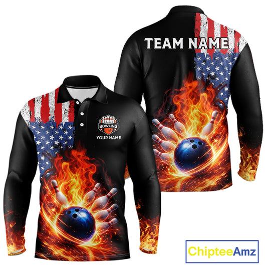 American Flag Flame bowling polo, quarter zip shirts for Men Custom patriotic team bowling jerseys NQS11432