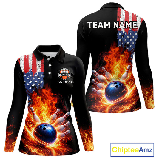 American Flag Flame bowling polo, quarter zip shirts for Women Custom patriotic team bowling jerseys NQS11432