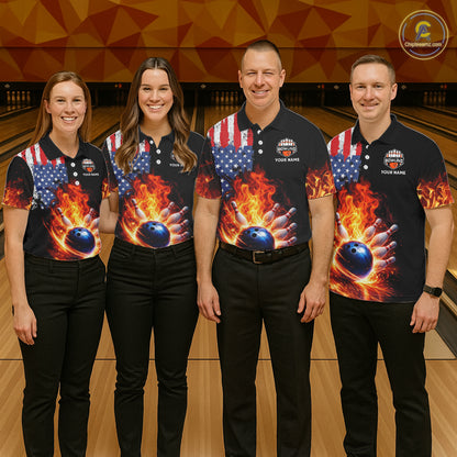 American Flag Flame bowling polo, quarter zip shirts for Men Custom patriotic team bowling jerseys NQS11432