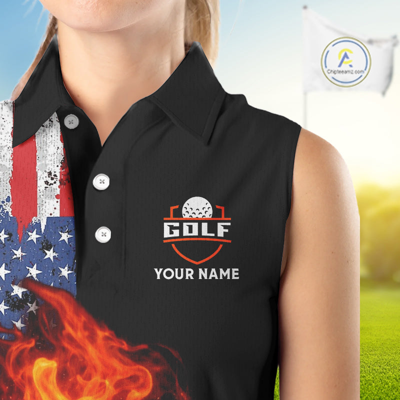 American Flag Flame Ladies sleeveless golf tops Custom patriotic team Golf jersey, ladies golf outfit NQS11433