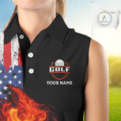 American Flag Flame Ladies sleeveless golf tops Custom patriotic team Golf jersey, ladies golf outfit NQS11433