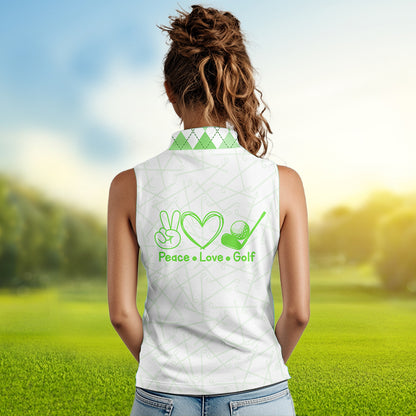 Green argyle pattern Women Sleeveless polo shirt custom peace love golf jersey, ladies golf attire NQS9505