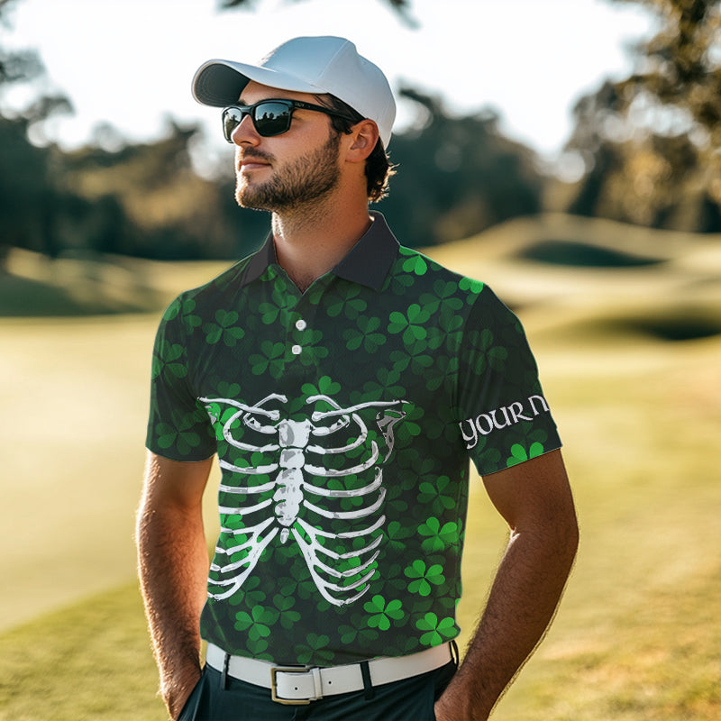 Green shamrock pattern funny Skeleton Mens golf polo shirts custom St Patrick Day golf attire for men NQS9513