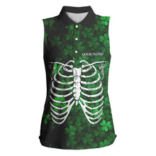 Load image into Gallery viewer, Green shamrock pattern Skeleton Women Sleeveless polo shirt custom St Patrick Day women golf attire NQS9513