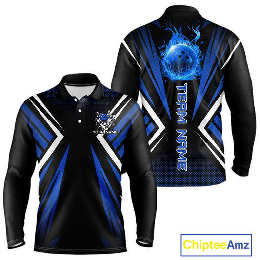 Black and Blue Flame Bowling Shirts For Men, Team Bowling Shirts Custom bowling attire for men NQS11634