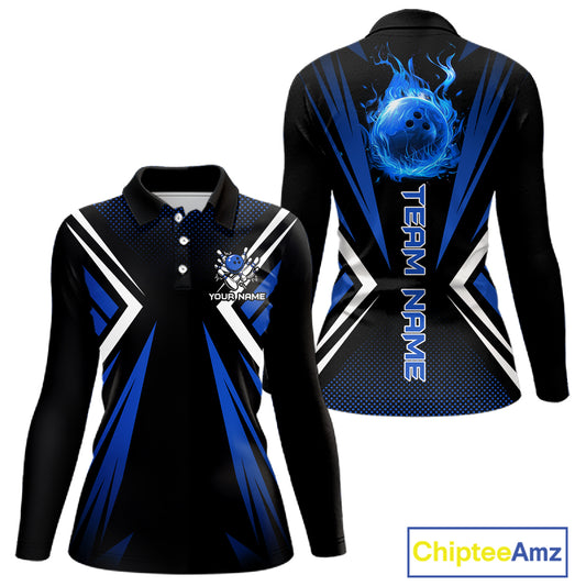 Black and Blue Flame Bowling Shirts For Women, Team Bowling Shirts Custom bowling attire for ladies NQS11634